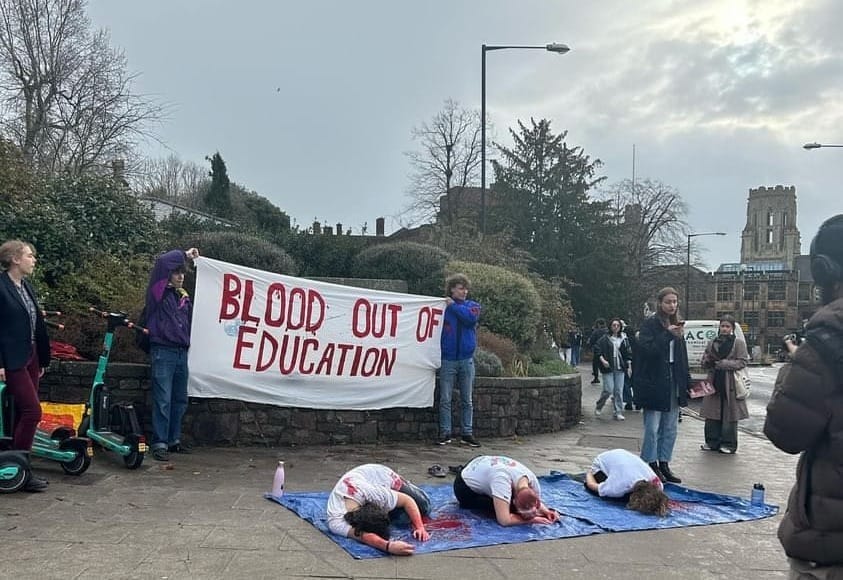 Students protest for 'Arms out of Bristol' outside Royal Fort Gardens
