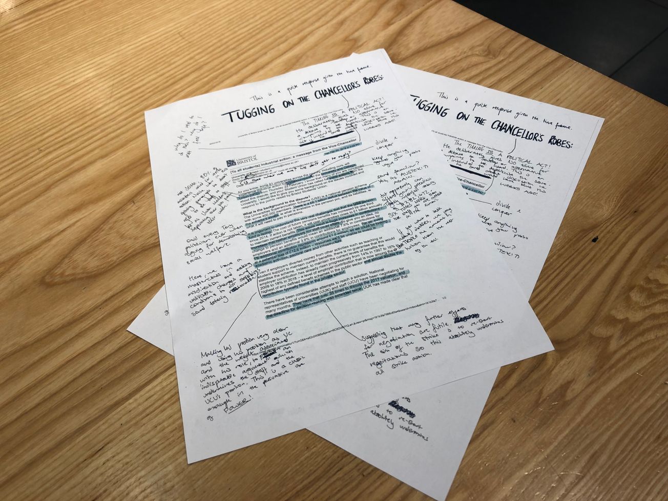 Critical annotated letter distributed around University